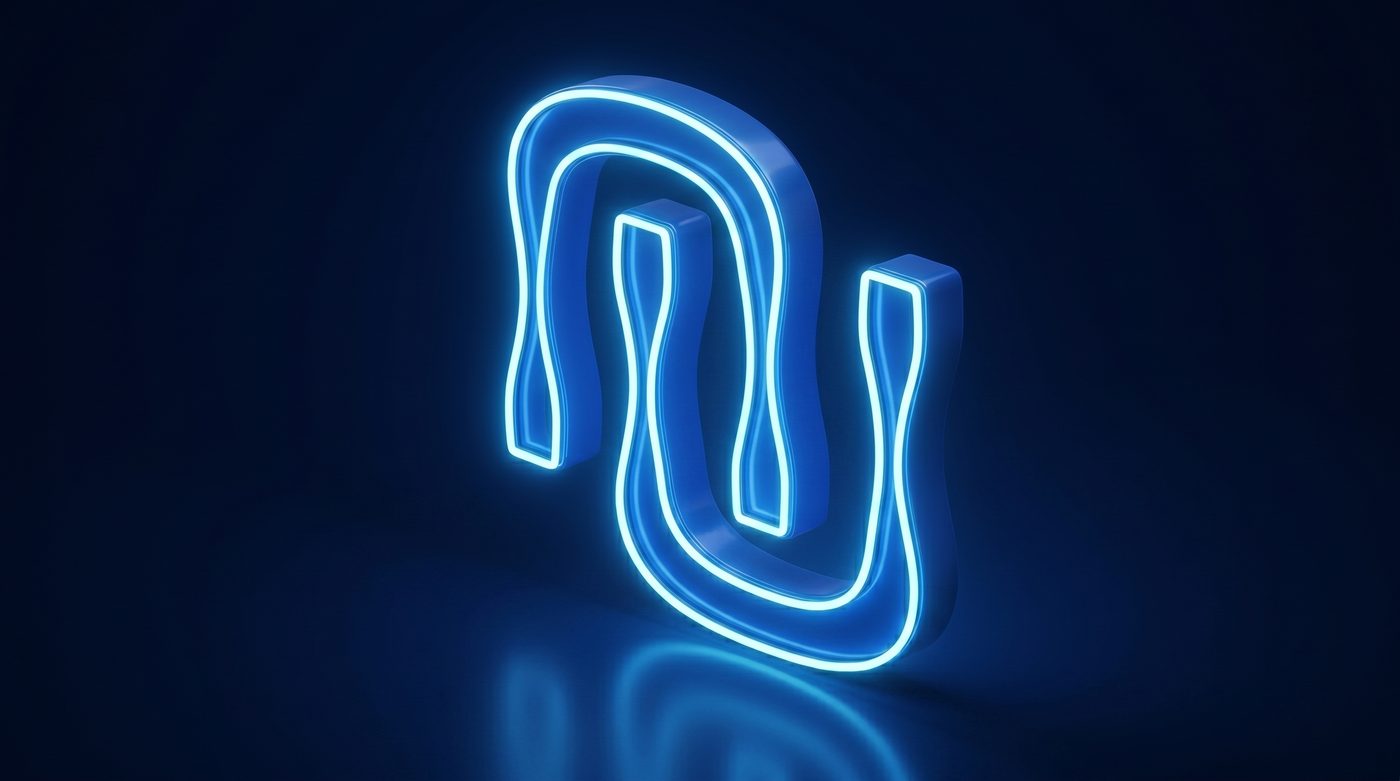 Símbolo da Nilum em neon azul sobre fundo navy